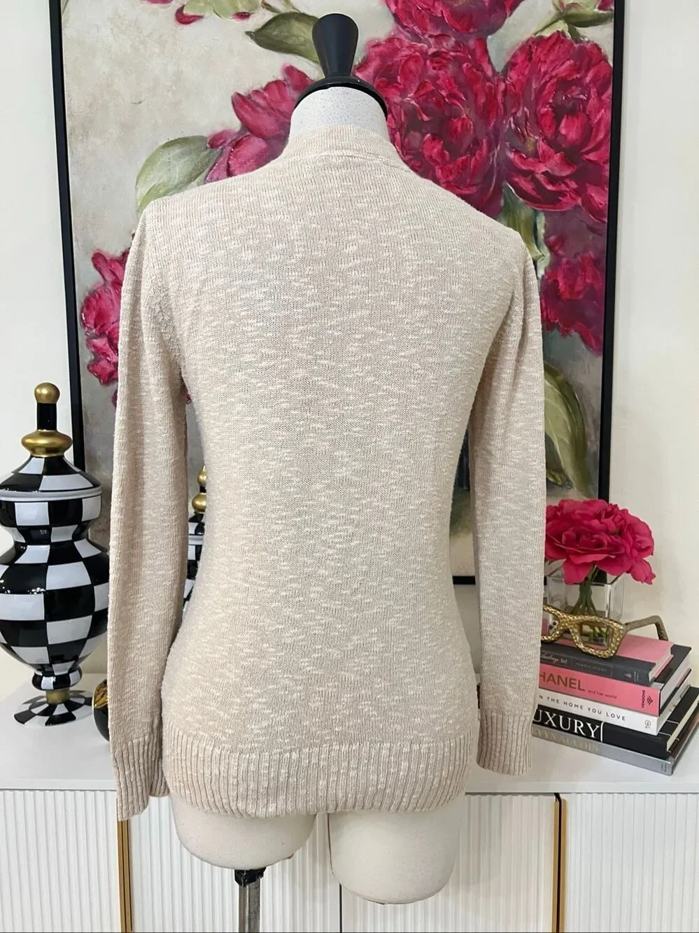 Tory Burch Women's Linen Blend Button Front V-Neck Cardigan Sweater Tan XS